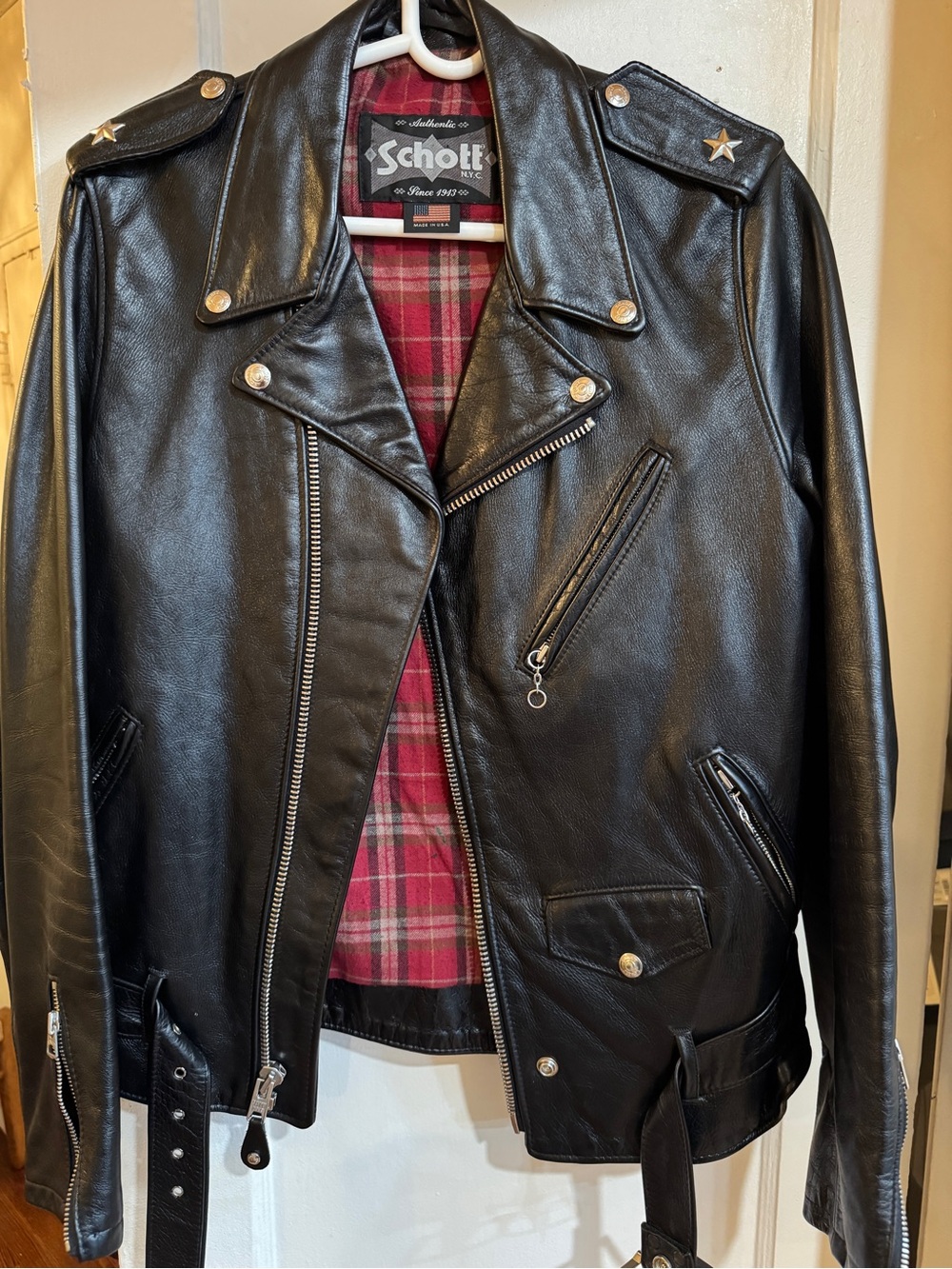 Schott Black Leather Biker Jacket with Plaid Lining